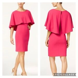 Calvin Klein  Hot Pink Crepe Sheath Cape Dress NWT 4 Elegant Chic
